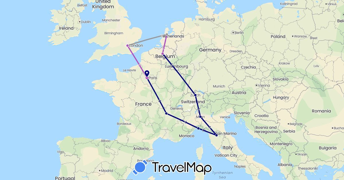 TravelMap itinerary: driving, plane, train in Belgium, Switzerland, France, United Kingdom, Italy, Netherlands (Europe)