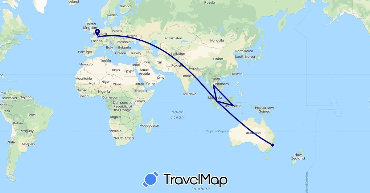 TravelMap itinerary: driving in Australia, France, Indonesia, Singapore, Thailand (Asia, Europe, Oceania)